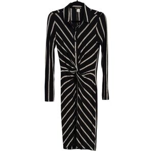 Venus Black and Grey Striped Button and Knot Front Midi Dress